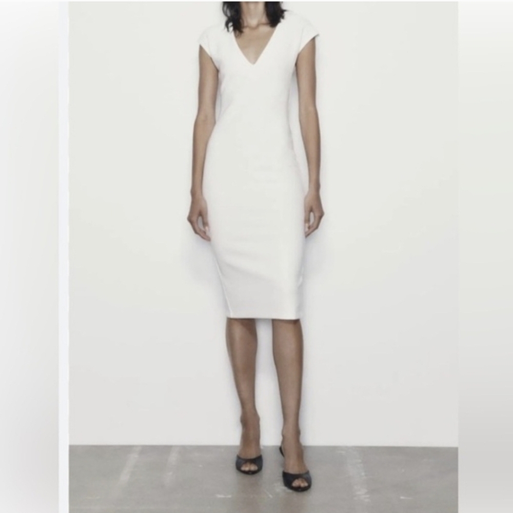Zara Elegant White V-Neck Sheath Dress Size L